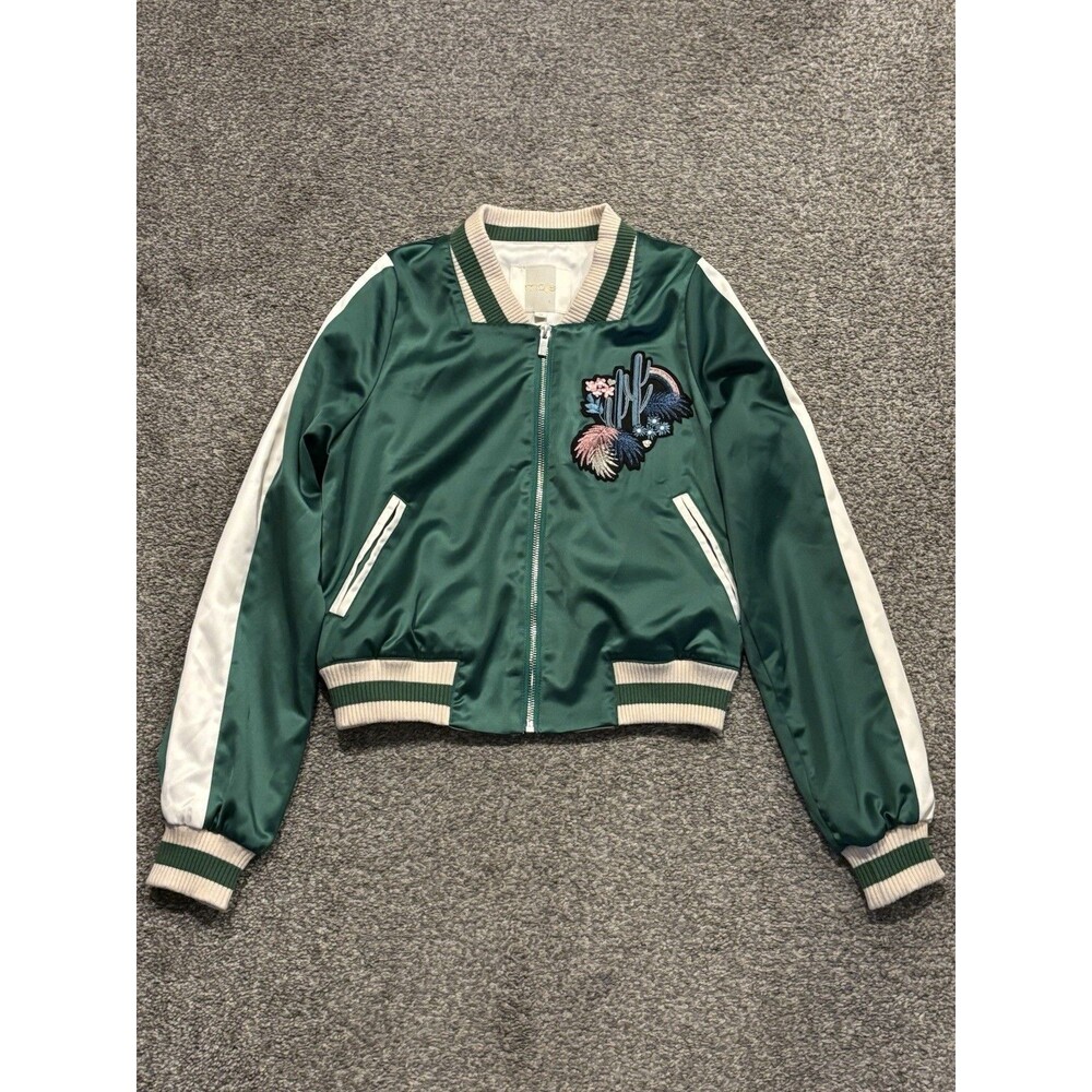 MAJE Bacary Green Cactus Patch Satin Bomber Jacket 38 US 6 ASO Aria Montgomery